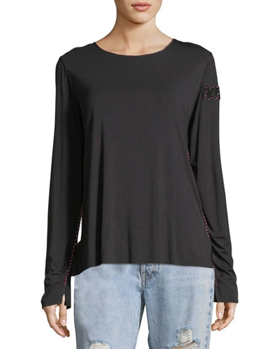 Made On Grand Crewneck Long-sleeve Top With Topstitching & Beaded Trim In Black