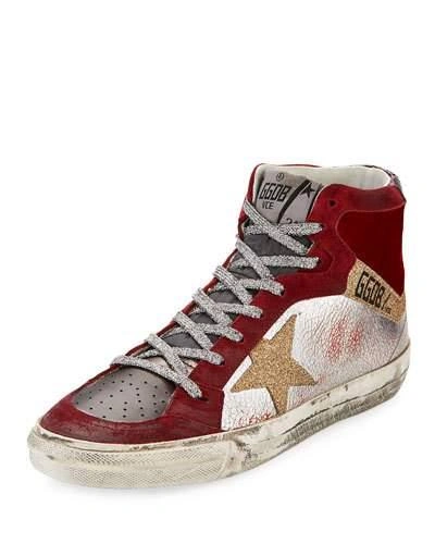 Golden Goose Mixed High-top Star Sneaker In Silver Crackle/gl