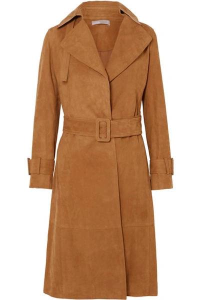 Vince Belted Suede Trench Coat In Tan