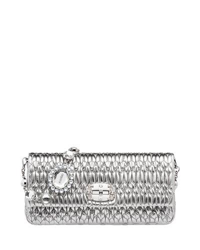 Miu Miu Matelasse Leather Crystal-lock Shoulder Bag In Silver | ModeSens