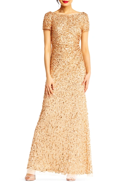 Adrianna Papell Sequin Cowl Back Gown In Champagne/ Gold
