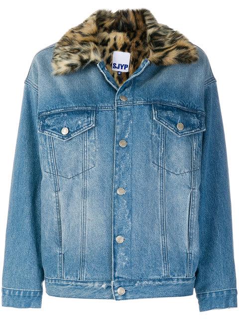 Sjyp Leopard Print Collar Denim Jacket | ModeSens