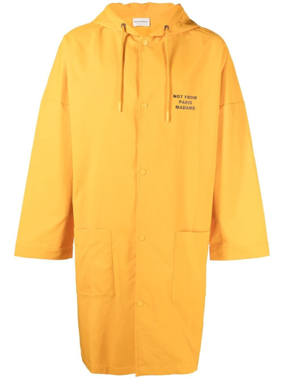 Drôle De Monsieur Yellow Ochre Single-breasted Duster Coat With Slogan In Orange