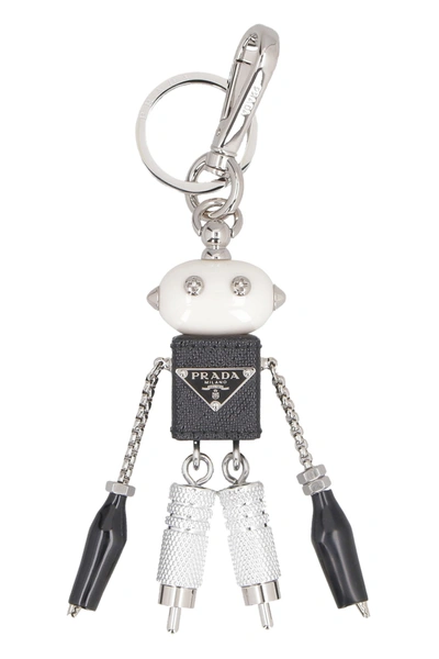 Prada Saffiano Leather Robot Trick Keychain In Black