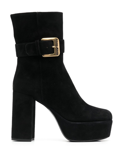 Miu Miu Suede Platform Booties In Nero