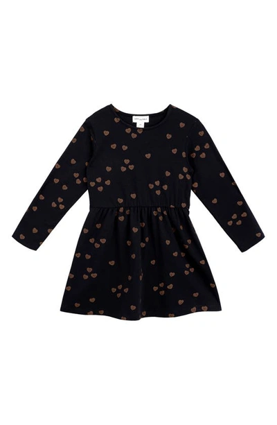 Miles The Label Kid's Basketball Hearts Long Sleeve Stretch Organic Cotton Dress In Black