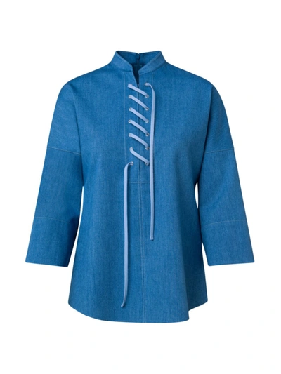Akris Punto Lace-up Denim Collared Blouse In Blue