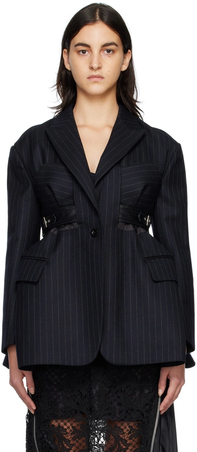 Sacai Chalk Stripe Single Breasted Belted Jacket In Blue | ModeSens