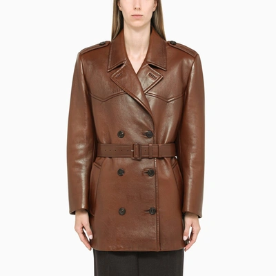 Prada Short Double-breasted Coat In Tobacco-coloured Leather In Brown