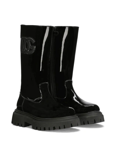 Dolce & Gabbana Kids' Dg Logo-patch Patent Leather Boots In Black