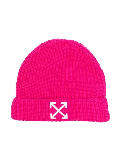 Off-white Kids' Embroidered-logo Knit Hat In Fuchsia
