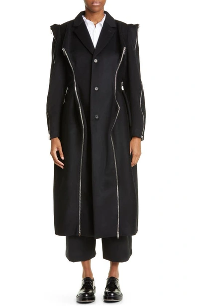 Noir Kei Ninomiya Zip Detail Melton Wool Blend Coat In Black