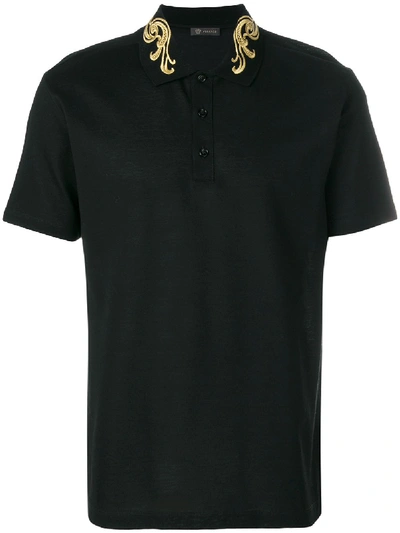 Versace Barrrocco Medusa Embroidered Polo In Black Gold