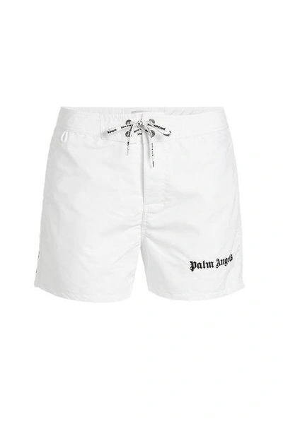 Palm Angels Iconic Logo Embroidered Swim Shorts In White-multi