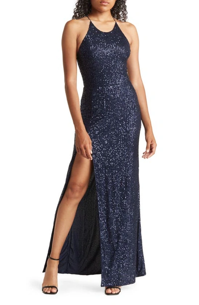 Love By Design Bernadette Sequin Open Back Dress In Navy Blazer