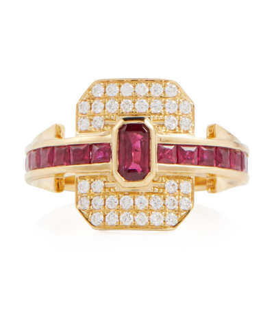 Rainbow K Shield 18kt Gold Ring With Diamonds And Rubies