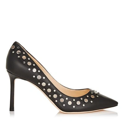 Jimmy Choo Romy 85 Black Nappa Leather Pointy Toe Pumps With Anthracite Studs In Black/anthracite