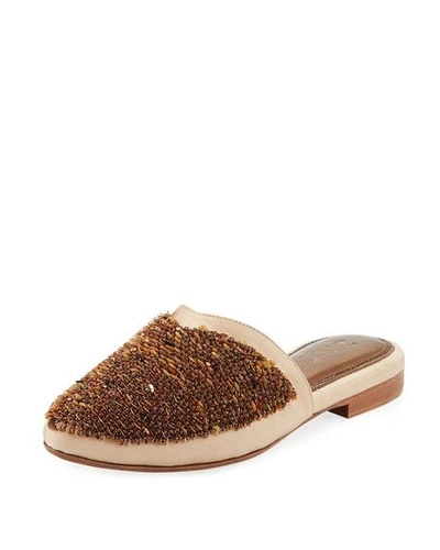 Zyne Saturne Beaded Satin Mule Slide In Beige