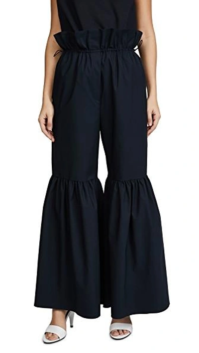 Goen J Paperbag Waist Flare Pants In Navy