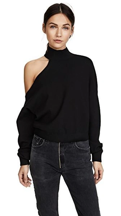 Alice And Olivia Finnigan One-shoulder Slouchy Knit Pullover In Black