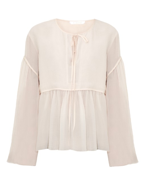 Chloé Tie-neck Cotton And Silk-blend Crepon Top In Soft Pieky Eude ...