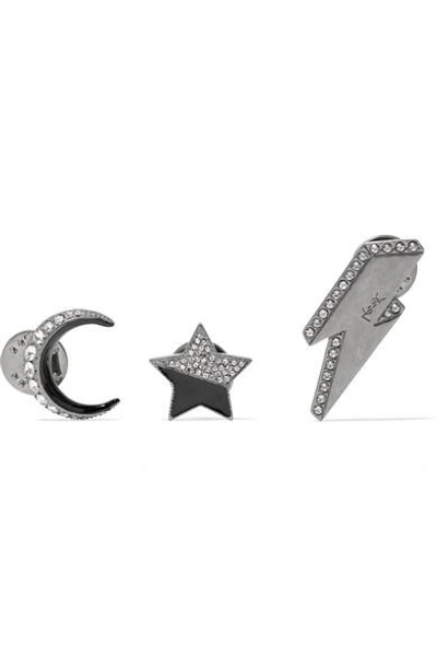 Saint Laurent Set Of Three Silver-tone, Crystal And Enamel Brooches In Nero