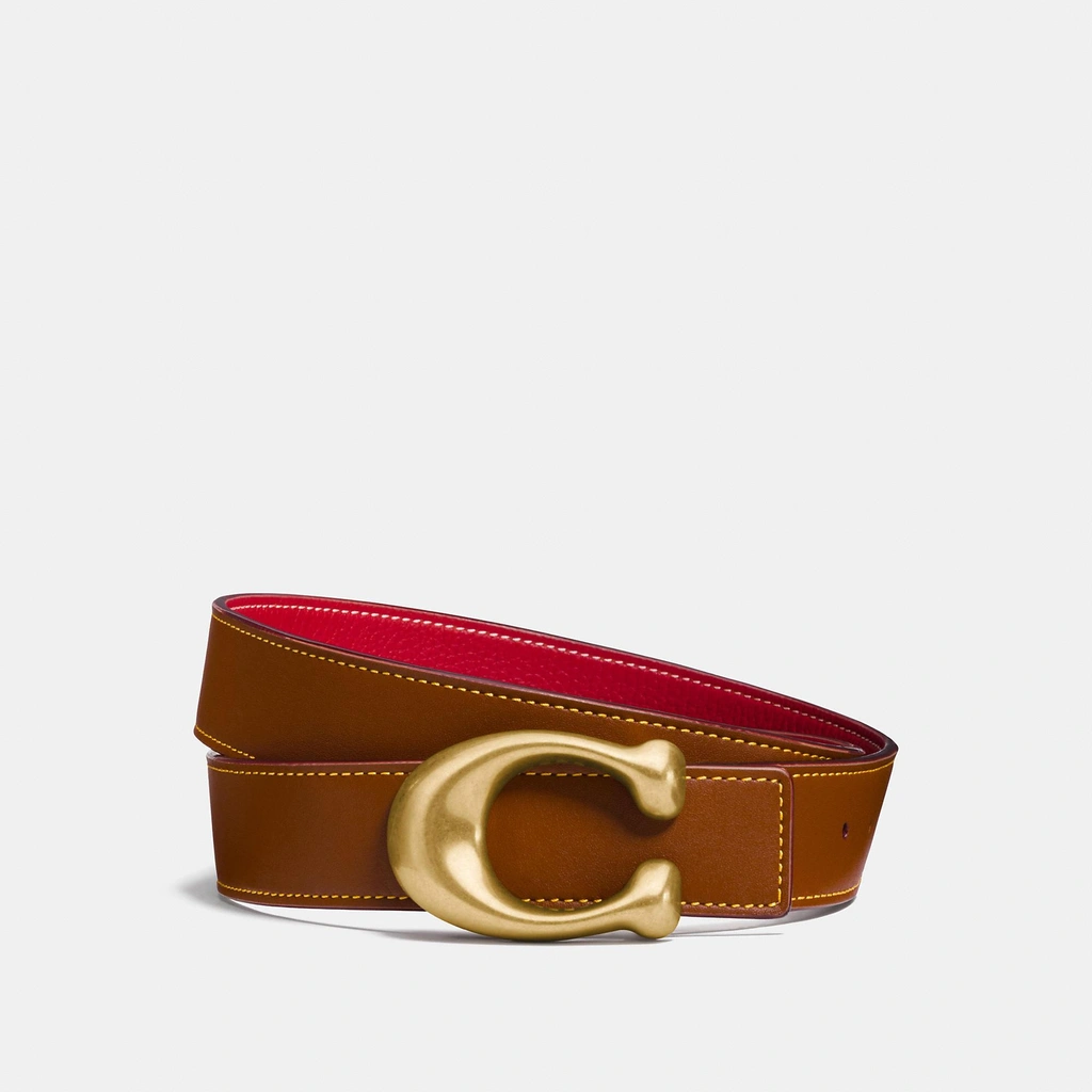 New! COACH Sculpted Signature Reversible Belt In 1941 Saddle/1941 Red/brass Coach Sculpted C Buckle Cut-To-Size Reversible Belt - Brass  main image 2