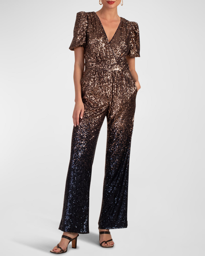 Trina Turk Asandra Puff-sleeve Ombre Sequin Jumpsuit In Black