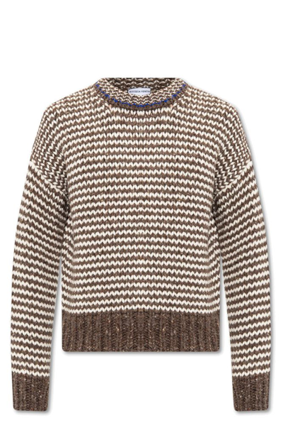 Bottega Veneta Striped Wool Crewneck Sweater In Brown