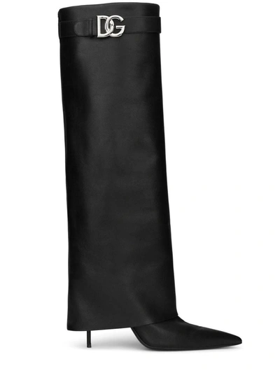 Dolce & Gabbana Black Logo Leather Knee-high Boots