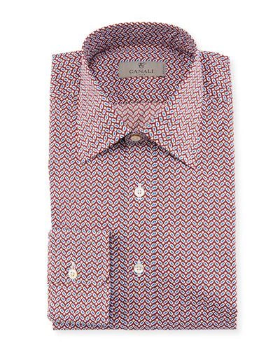 Canali Chevron Cotton Dress Shirt In Red