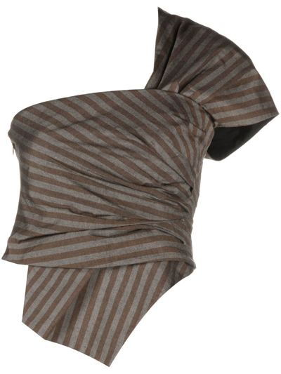 Tory Burch Striped One-shoulder Top In Gray/camel