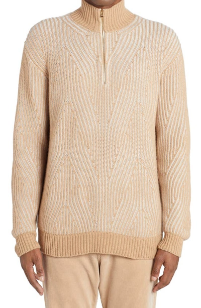 Agnona Ribbed Cable Knit Cashmere Sweater In Camel/ Ice