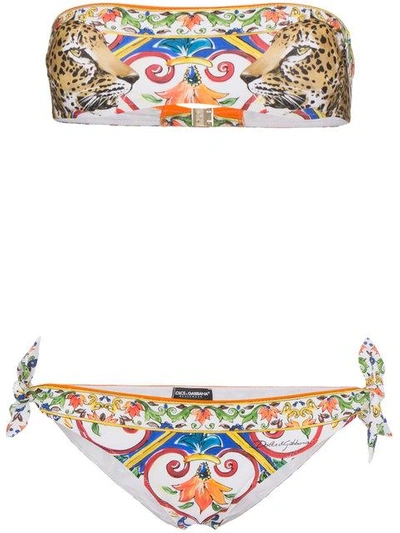 Dolce & Gabbana Leopard Print Bandeau Bikini In Multicolour