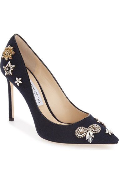 Jimmy Choo 'romy 100' Glass Crystal Embellished Flannel Pumps In Navy ...