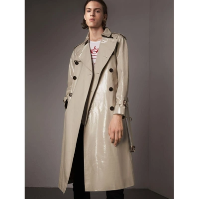 Burberry Laminated Cotton Gabardine Trench Coat In Stone