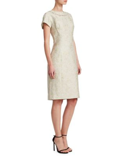 Teri Jon By Rickie Freeman Jacquard Short-sleeve Dress W/ Pearly Detail In Celery