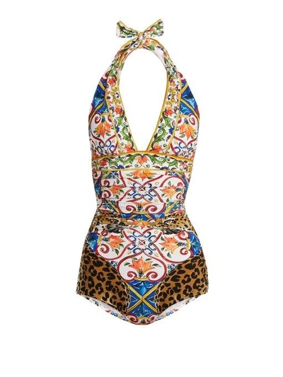 Dolce & Gabbana Majolica-print Halterneck Swimsuit In Multicolor