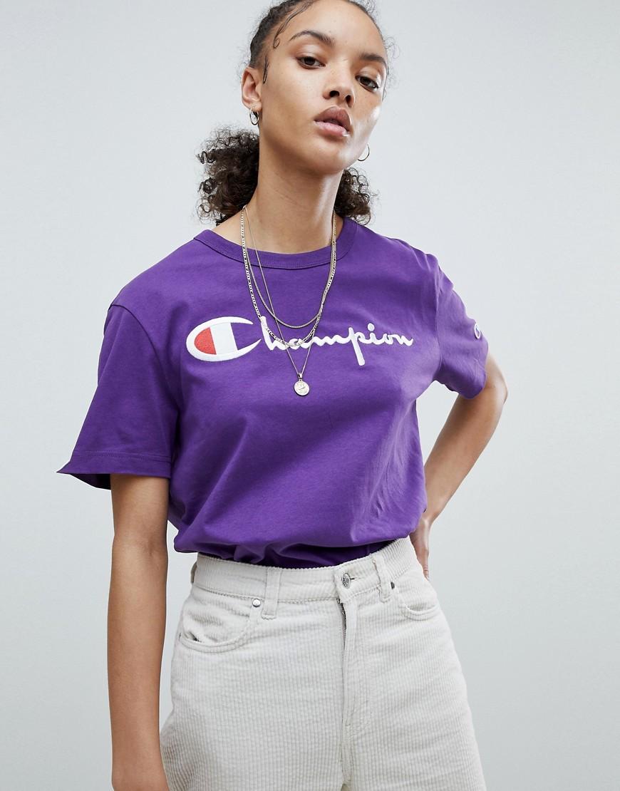 Champion Crewneck T-shirt With Script Logo - Purple | ModeSens