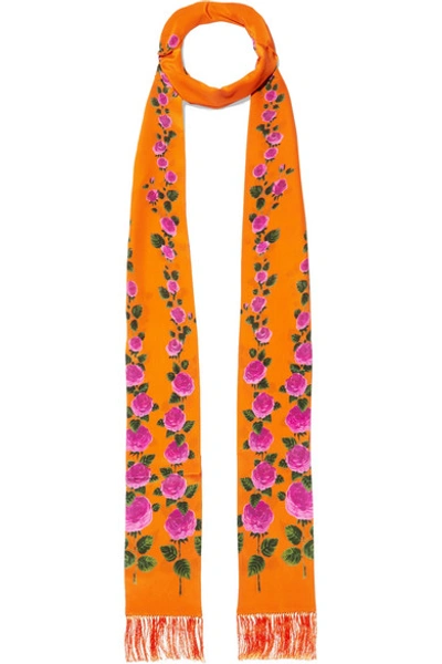 Gucci Fringed Floral-print Silk Scarf In Orange