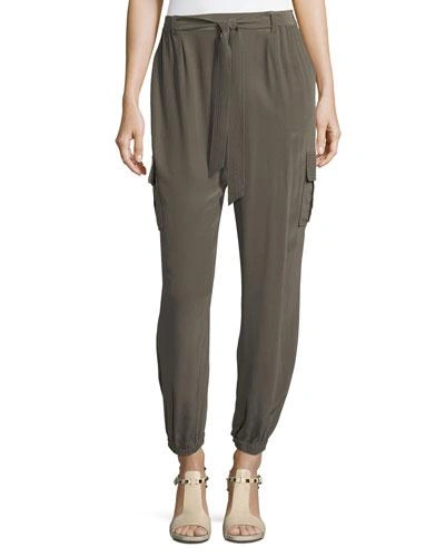 Go Silk Plus Size Belted Silk Cargo Pants In Basil