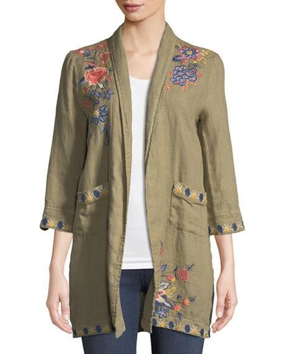 Johnny Was Tivva Heavy Linen Embroidered Coat, Petite In Ash Beige