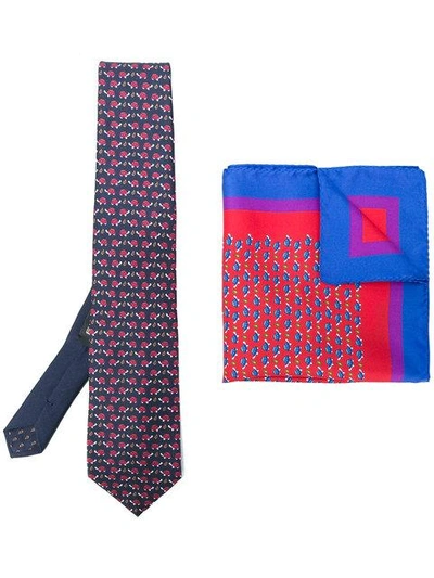 Etro Turtle Print Tie And Square Pocket Set In Blue