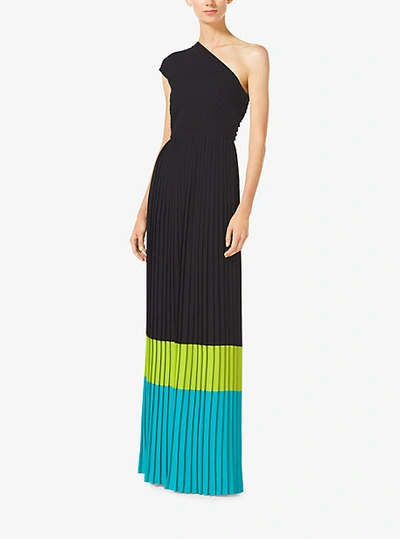 Michael Kors Color-block Pleated One-shoulder Gown In Black