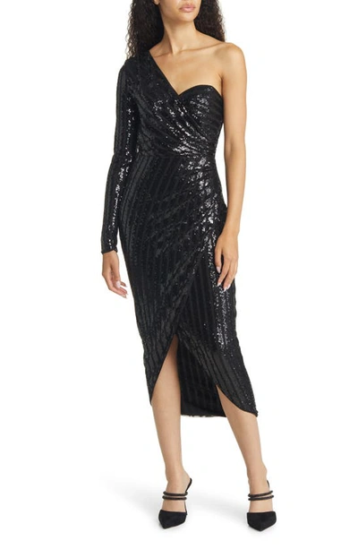 Lulus Elegant Occasion Sequin One-shoulder Long Sleeve Cocktail Dress In Black