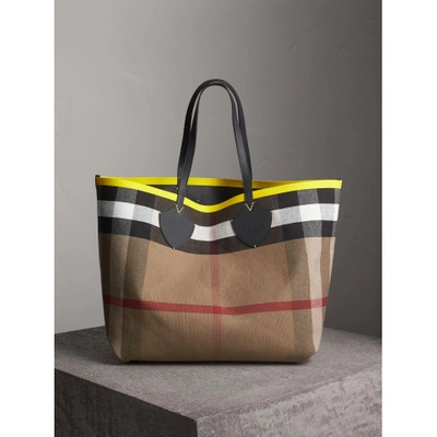 Burberry The Giant Reversible Tote In Canvas Check And Leather In Black/neon  Yellow | ModeSens