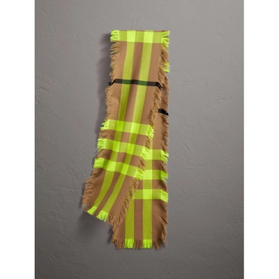 Burberry Fringed Check Wool Scarf In Neon Yellow | ModeSens
