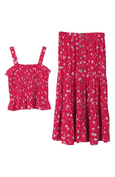 Zunie Kid's Floral Smocked Camisole & Tiered Skirt Set In Red