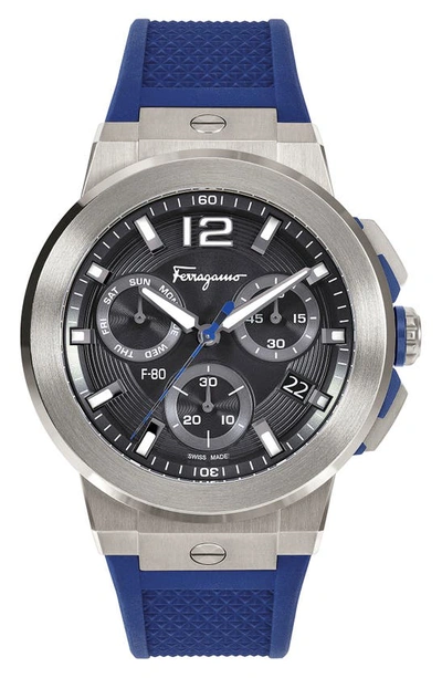 Ferragamo Men's Swiss Chronograph F-80 Blue Silicone Strap Watch 44mm In Titanium
