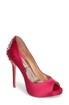 Badgley Mischka 'kiara' Crystal Back Open Toe Pump In Hot Pink Satin